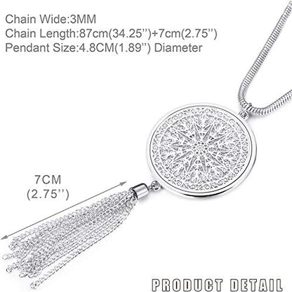 3PCS Long Pendant Necklaces for Women Disk Circle Pendant Triple Stack Pendant Necklace Tassel Sweater Necklace Statement Necklace Y Necklaces Set - color: Silvertone B