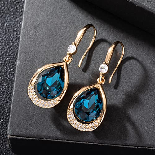 Austrian Crystal Halo Teardrop Hollow Drop Dangle Earrings for Women 14K Rose Gold Plated Hypoallergenic Jewelry Gifts - color: Dark Blue