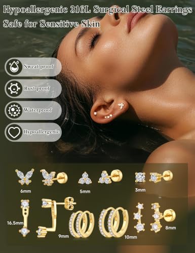 M MOOHAM Hypoallergenic Earring Jacket Stacks - 7 Pairs 14K Gold Plated Flat Back Earrings Dainty Huggie Hoop Cartilage Helix Earring Jacket, Fashion Accessories Western Jewelry Gifts - color: 14K Gold Plated
