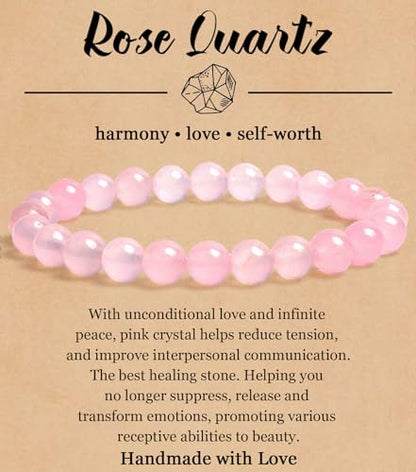 BOMAIL Natural Stone Beaded Bracelet for Women Men | 8mm Round Beads,Healing Crystal,Semi-Precious Gemstone,Yoga,Stretch,Bracelets Jewelry Gift - color: Rose Quartz