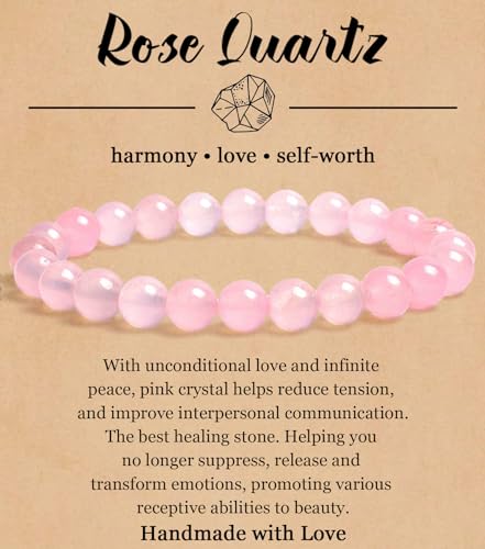 BOMAIL Natural Stone Beaded Bracelet for Women Men | 8mm Round Beads,Healing Crystal,Semi-Precious Gemstone,Yoga,Stretch,Bracelets Jewelry Gift - color: Rose Quartz