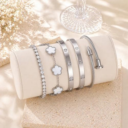 18K Gold Plated Love Bangle Bracelet Stack for Women, Adjustable Clover Bracelet & CZ Tennis Chain Set, Stackable Layered Jewelry, Fade Resistant, Long-Lasting Luster for Daily Wear & Gift - color: 5Pcs Silver White