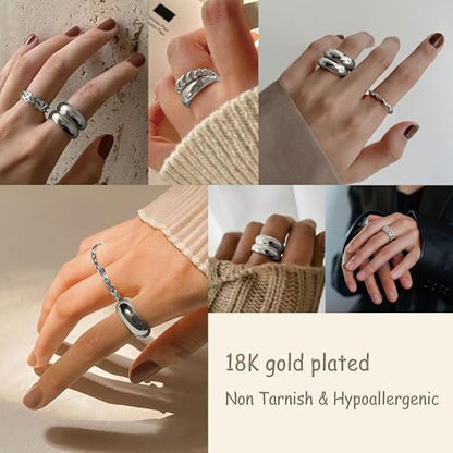 FAXHION 12PCS Gold Stackable Rings Set for Women, 18K Gold Plated Open Stacking Knuckle Ring, Adjustable Chunky Signet Band Statement Ring for Gift - color: 3-ringsSilver