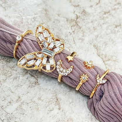 HUASAI Gold Stackable Rings Set for Women Boho Dainty Moon Star Pearl Leaf Cubic Zirconia Heart Midi Pinky Trendy Jewelry Birthday Gifts - color: Y Gold Butterfly Rings 5 Pcs