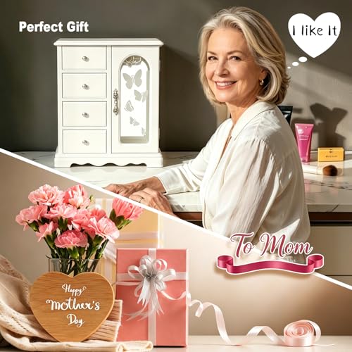 RR ROUND RICH DESIGN Solid Wood Jewelry Box White | Large Organizer with 4 Drawers, Built-in Necklace Carousel & Large Mirror - style: Fashion White