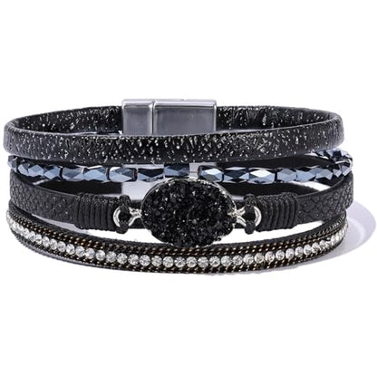 Boho Leather Wrap Bracelets Beaded Stackable Cuff Bracelet Country Concert Outfits Cowboy Cowgirl Western Jewelry Gifts for Women - color: Stone-Black