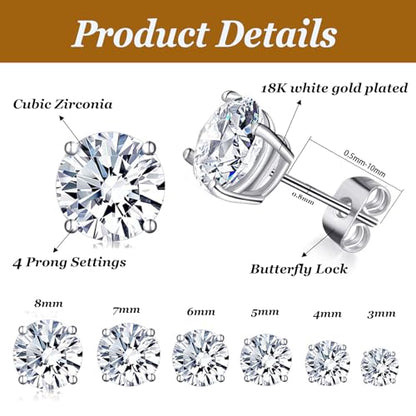 6 Pairs Cubic Zirconia Stud Earrings for Women/Men - Round Cut 4 Prong Settings 18K Gold Plated Hypoallergenic 3-8mm Clear Earrings Set - color: 3-8mm White Gold - Round 4 Prong