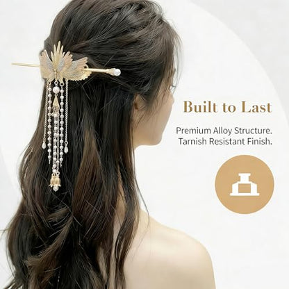 Asian Hair Accessories Golden Wings Hair Sticks Chinese Gold Chopsticks Pins for Women Japanese Hairpin Chop Stick Styling Hanfu Wedding Birthday Party Hair Accessory