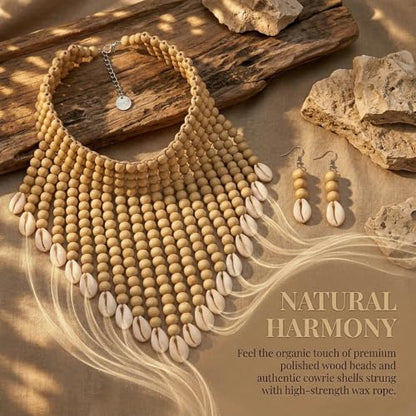 Coiris Boho African Wooden or Acrylic Beaded Bib Statement Necklace Strands Layered Cluster Chunky Collar Choker Wood Necklace for Women Fashion Costume Jewelry - color: N0065-Off White+Shell