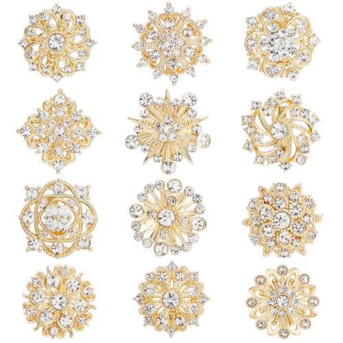 12Pcs Vintage Flower Brooches Set Crystal Rhinestone Brooches for Women Fashion Rhinestone Pins for Women DIY Bridal Wedding Bouquet Crafts - color: Gold