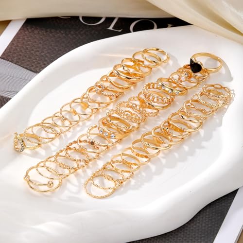 Golden Knuckle Rings Set for Women, 14k Golden Plated Open Stacking Knuckle Midi Rings Dainty Cubic Zirconia Crystal Simple Hollow Cute Rings Pack Jewelry Gifte - color: Golden 49PCS