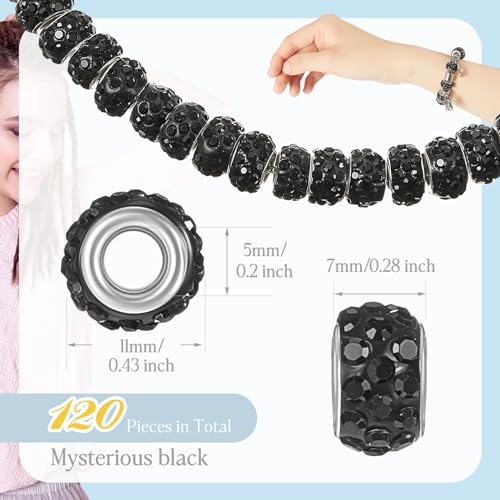 Junkin 120 Pcs Large Hole Beads 11 mm European Crystal Charm Spacer Rhinestone Colorful European Beads for Pens Making Bulk Beadable Pens Jewelry Making Supplies DIY Crafts Bracelet(Black) - color: Black