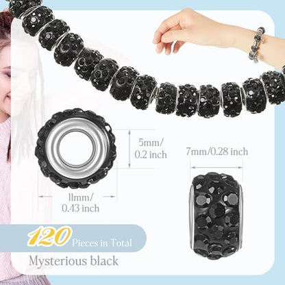 Junkin 120 Pcs Large Hole Beads 11 mm European Crystal Charm Spacer Rhinestone Colorful European Beads for Pens Making Bulk Beadable Pens Jewelry Making Supplies DIY Crafts Bracelet(Black) - color: Black
