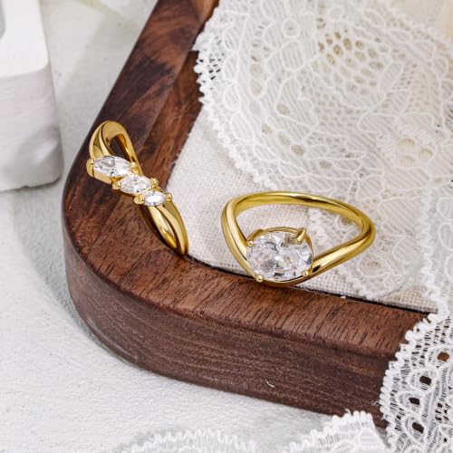 18K Gold & Silver Plated Stackable Ring Set for Women, CZ Curved Wave Stacking Bands, Statement Promise Rings for Wedding Engagement, Trendy Dainty Jewelry Gift - color: Gold 1