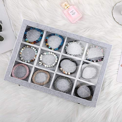Emibele Jewelry Organizer Bracelet Storage Tray Box, 12 Grids Jewelry Tray with Clear Lid Velvet Jewelry Box for Necklace Bracelets Bangles Display Storage Organizer Box, Grey - style: J2- 12 Grids with Lid