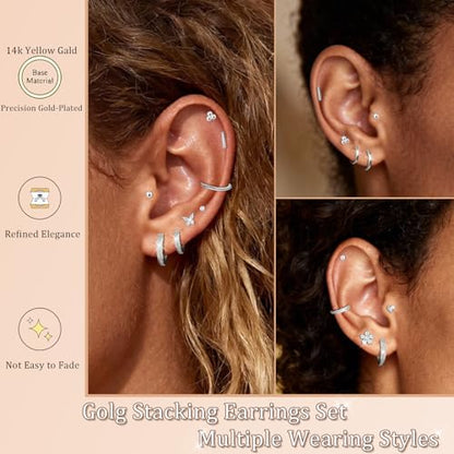 Stainless Steel Stud and Hoop Earrings Sets for Ear Stacks | Choose gold or silver pearl studs, CZ studs, flat backs, butterfly backs, hoops and multi-pair ear stack sets. - color: 12 Pairs 20G Silver