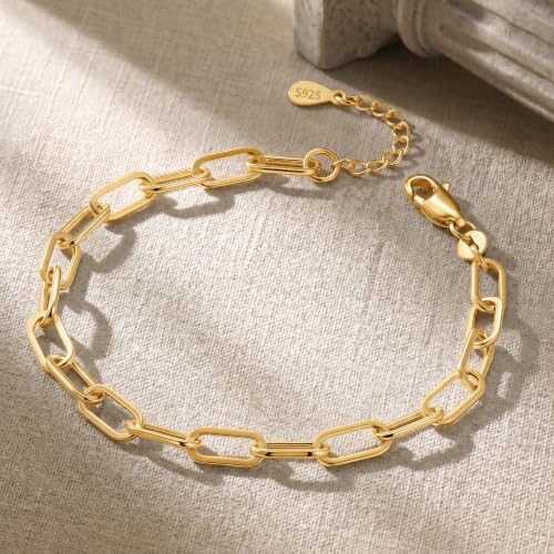 Gold Bracelet for Women, 18K Gold Plated 925 Sterling Silver Paperclip Chain Bracelet, 5MM Width, Gift for Women 6-7.5 Inches - color: 7 IN