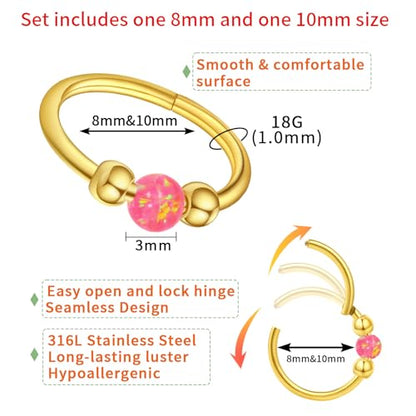 Thiswhyimbeauty 2PCS 18g Opal Nose Rings for Women Nose Hoops 8mm/10mm Hypoallergenic 316L Surgical Steel Nose Rings Piercing Jewelry Can Be Used as a Nose Ring, Septum Ring, and Cartilage Earring - color: A-Gold Pink opal