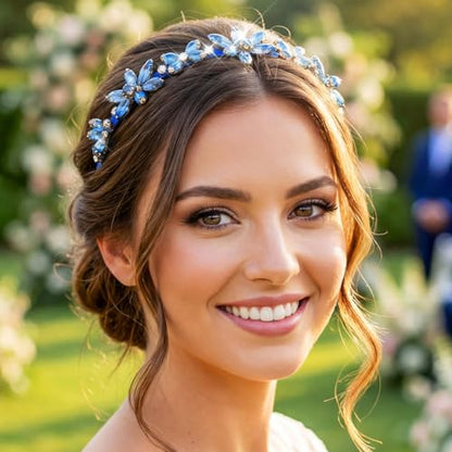 Campsis Blue Crystal Floral Hair Band Bridal Rhinestone Headband for Women | Sapphire Hair Band Jeweled Sparkly Headpiece Prom Banquet Hair Accessory