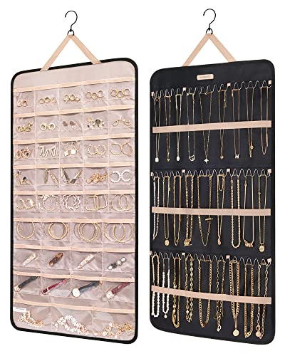 BAGSMART Hanging Jewelry Organizer Necklace/Earring/Ring 2-Sided XL Black | Jewelry Storage with Hanger Metal Hooks Double-Sided Jewelry Holder on Closet, Wall, Door - color: Black, size: X-Large