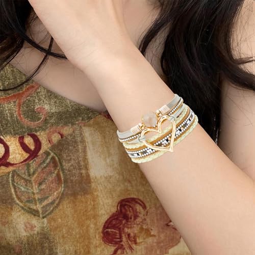 NEWITIN 2 Pieces Leather Wrap Bracelets for Women Leather Cuff Bangle Bracelets Boho Multi-Layer Bracelet Crystal Beads Bracelet for Women - color: Khaki
