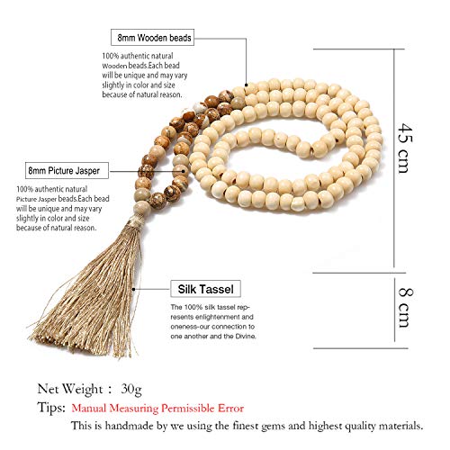 8MM Semi-Precious Gem Stones Wood Mala Bead Necklace | Multicolor Long Tassel Charms Chain Necklace,Handmade Beaded Pendant Necklace for Women Men - color: Wooden+Picture Jasper