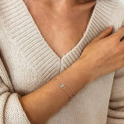 Dainty Gold Bracelets for Women, 14K Gold Plated Adjustable Layered Beads Bracelet Cute Evil Eye Oval Chain Pearl Bar Turtle Gold Bracelets for Women Jewelry - style: Beads Chain&Evil Eye