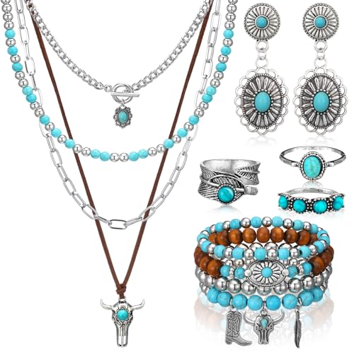 Ecally Bohemian Western Jewelry Turquoise Set Women Country Pendant Long Choker Layered Bracelets Earrings Ring for Women - color: Turquoise, style: Delicate