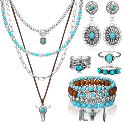 Ecally Bohemian Western Jewelry Turquoise Set Women Country Pendant Long Choker Layered Bracelets Earrings Ring for Women - color: Turquoise, style: Delicate