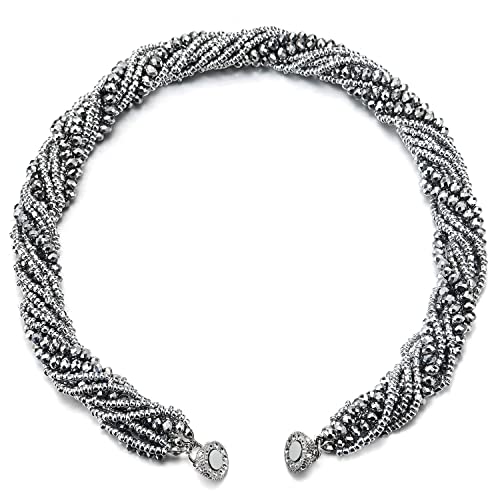 COOLSTEELANDBEYOND Multi-Layer Beads Crystal Braided Chain Choker Collar Magnetic Clasp,Statement Necklace, Bracelet - color: G1-Necklace Silver Color