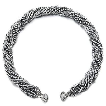 COOLSTEELANDBEYOND Multi-Layer Beads Crystal Braided Chain Choker Collar Magnetic Clasp,Statement Necklace, Bracelet - color: G1-Necklace Silver Color