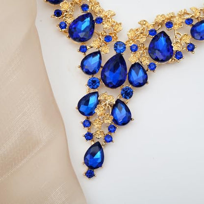CSY Elegant Crystal Costume Jewelry Sets Flower Bridal Necklace Earrings Stretch Bangle Set for Bride Bridesmaid Wedding Dress Accessories - color: Sapphire blue-gold tone