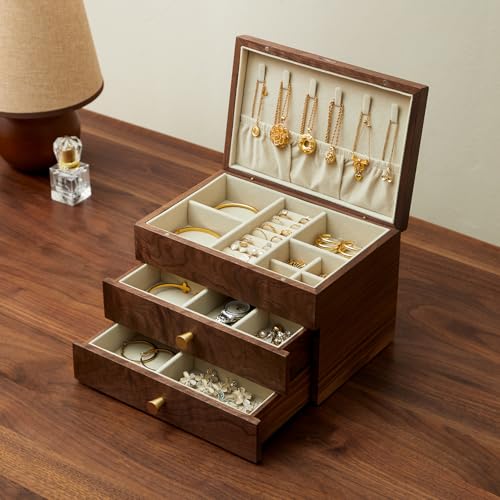 Black Walnut 3 Layer Wooden Jewelry Box Organizer | For Women & Men, Velvet Lining, Earring & Ring Organizer, Large Capacity Drawer Design, For Necklaces & Bracelets - style: 3 layers