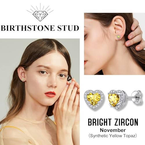 Bestyle Sparkling 925 Sterling Silver Birthstone Stud Earrings for Women, Heart/Round/Teardrop/Square Solitaire Diamond Studs Earrings, Great Birthday/Christmas Gifts - style: 11. Yellow Topaz-Nov.-heart