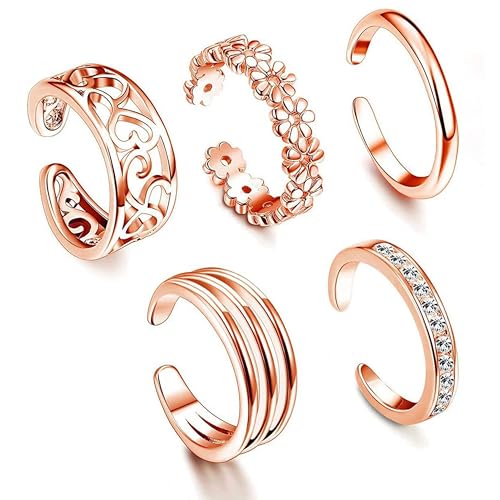5 Pcs Filled Toe Rings for Women Non Tarnish Filled Toe Ring Adjustable Flower Cz Dainty Toe Ring Summer Beach Open Toe Rings Set Toe Jewelry Foot Jewelry(Gold,Silver,Rose Gold) - color: Rose Gold