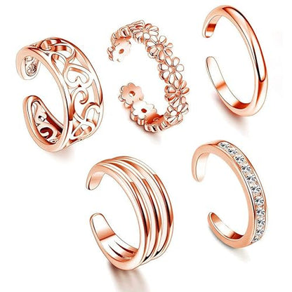 5 Pcs Filled Toe Rings for Women Non Tarnish Filled Toe Ring Adjustable Flower Cz Dainty Toe Ring Summer Beach Open Toe Rings Set Toe Jewelry Foot Jewelry(Gold,Silver,Rose Gold) - color: Rose Gold