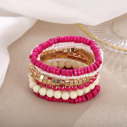 LUREME Boho Multi Strand Stackable Stretch Bracelet Set Wooden Cube Alloy Bead Bangle bl003172 - color: Fushia