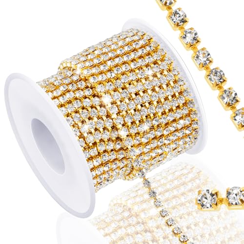 Rhinestone Chain, 10-Yards 2MM Crystal Rhinestone Close Chain Trim for Sewing Crocs Shoes Clothes Cups, Rhinestone Chains for Jewelry Wedding Bouquet DIY Decoration, Golden Transparent Crystal - color: Gold Base with Clear Rhinestone, Length: 10 Yards, Wi