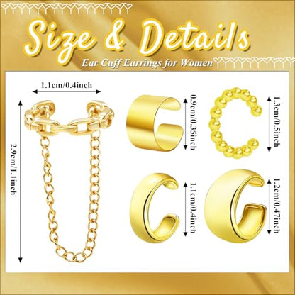 5 Pcs Thin Chunky Ear Cuff Earrings for Women 14K Gold Plated Brass Ear Cuffs Non Piercing Trendy Clip on Cartilage Earrings Cubic Zirconia Fake Piercings Earrings Jewelry - color: Chunky,Chain Gold