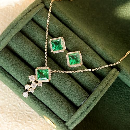 Gold Silver Stud Earrings Pendent Necklace Sets for Women, Dainty Rhinestone Crystal Necklace Earing Jewelry Set Wedding Accessories Fashion Holiday Gift - color: Simulate Emerald