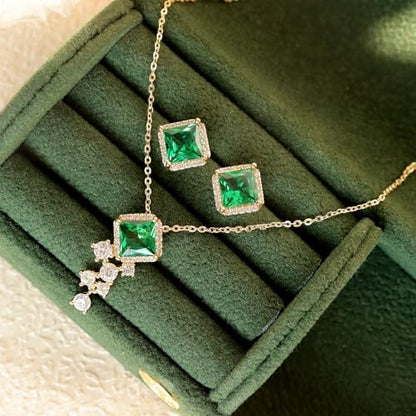 Gold Silver Stud Earrings Pendent Necklace Sets for Women, Dainty Rhinestone Crystal Necklace Earing Jewelry Set Wedding Accessories Fashion Holiday Gift - color: Simulate Emerald