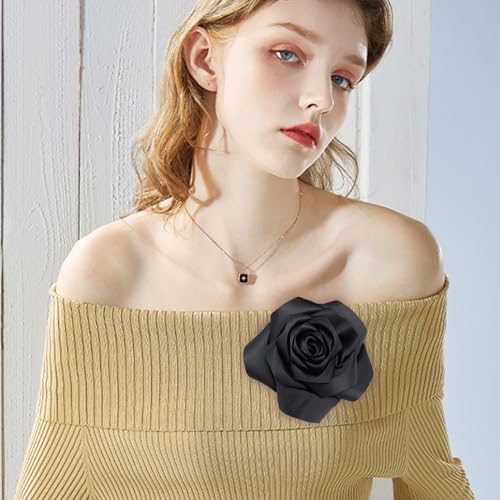 Satin Rose Flower Large Brooch Lapel Pins Handmade Fabric Flower Brooches Pin Classic for Wedding Party Dance Banquet for Women Men Dress Suit Clothes Accessories JewelryGifts 110mm - color: Black