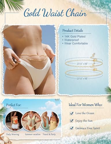 Gold Layered Waist Chain for Women, Adjustable Belly Chain | Adjustable layered waist chain for beach days, summer outfits, festivals, vacations, parties, and daily styling - style: Gold Style 6
