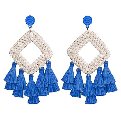 Bohemia Tassel Earrings Statement Handmade Dangle Ethnic Fringe Earrings Bamboo Weaving Geometric Square Sector Gifts for Women - color: H dark blue
