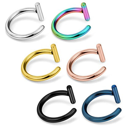 14G T Shaped Stainless Steel Gothic Clip on Non piercing Double Fake Cuff Lip Nose Ring Septum Hoop Women Men 6pcs - color: 6PCS - Mix Color 3#