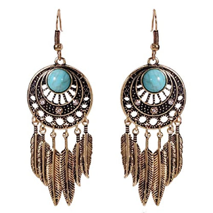 Boho Turquoise Feather Tassel Crescent Moon Dangle Earrings - Hypoallergenic, Leaf Bohemian Drop Earrings for Women - color: Gold