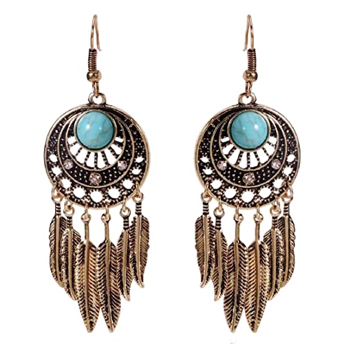 Boho Turquoise Feather Tassel Crescent Moon Dangle Earrings - Hypoallergenic, Leaf Bohemian Drop Earrings for Women - color: Gold