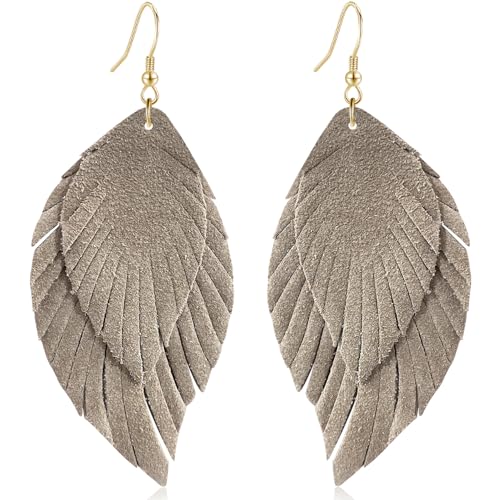 Genuine Leather Handmade Fringe Feather Lightweight Dangle Drop Earrings Teardrop Tassel Hook Earrings for Women - style: 10 Light Gray