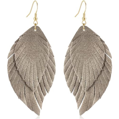 Genuine Leather Handmade Fringe Feather Lightweight Dangle Drop Earrings Teardrop Tassel Hook Earrings for Women - style: 10 Light Gray