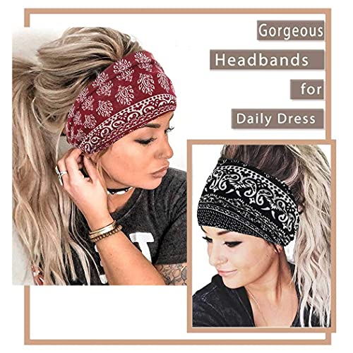 Yeshan Wide Bandana headbands for Women Boho Bandeau Headband Knot Hair Scarf Bands Stretch Floral Printed Non Slip Head bands Elastic Turban Head Wraps Thick African Headband,Pack of 6 - color: No2(paisley 6 pcs)